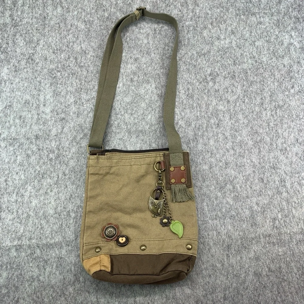 CHALA Patch Crossbody Shoulder Messenger Bag Purse Olive Khaki Owl Keychain - Picture 2 of 10